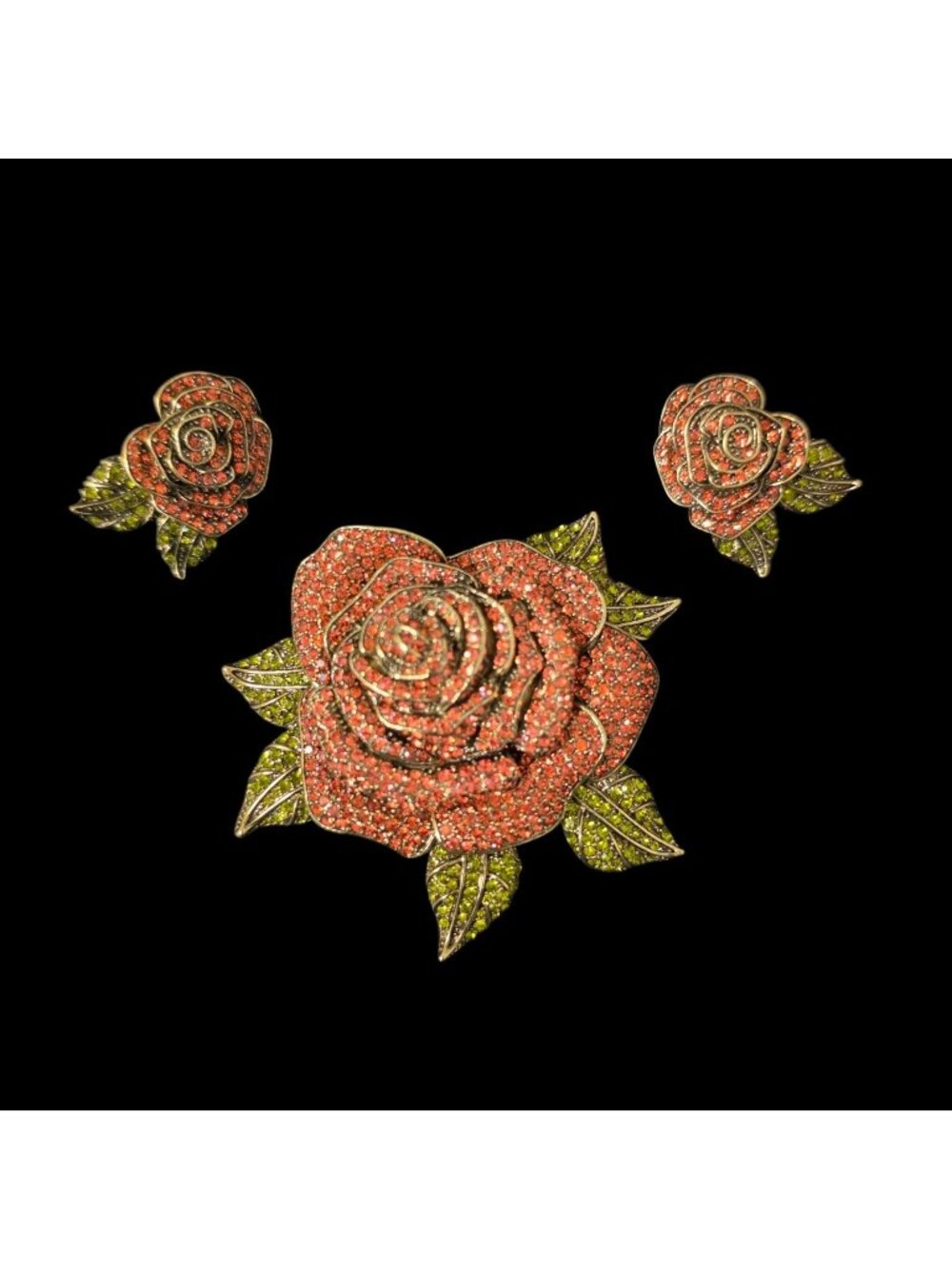 Heidi Daus Ravishing Rose Crystal Brooch Earrings 3 Piece Set Signed Red Green